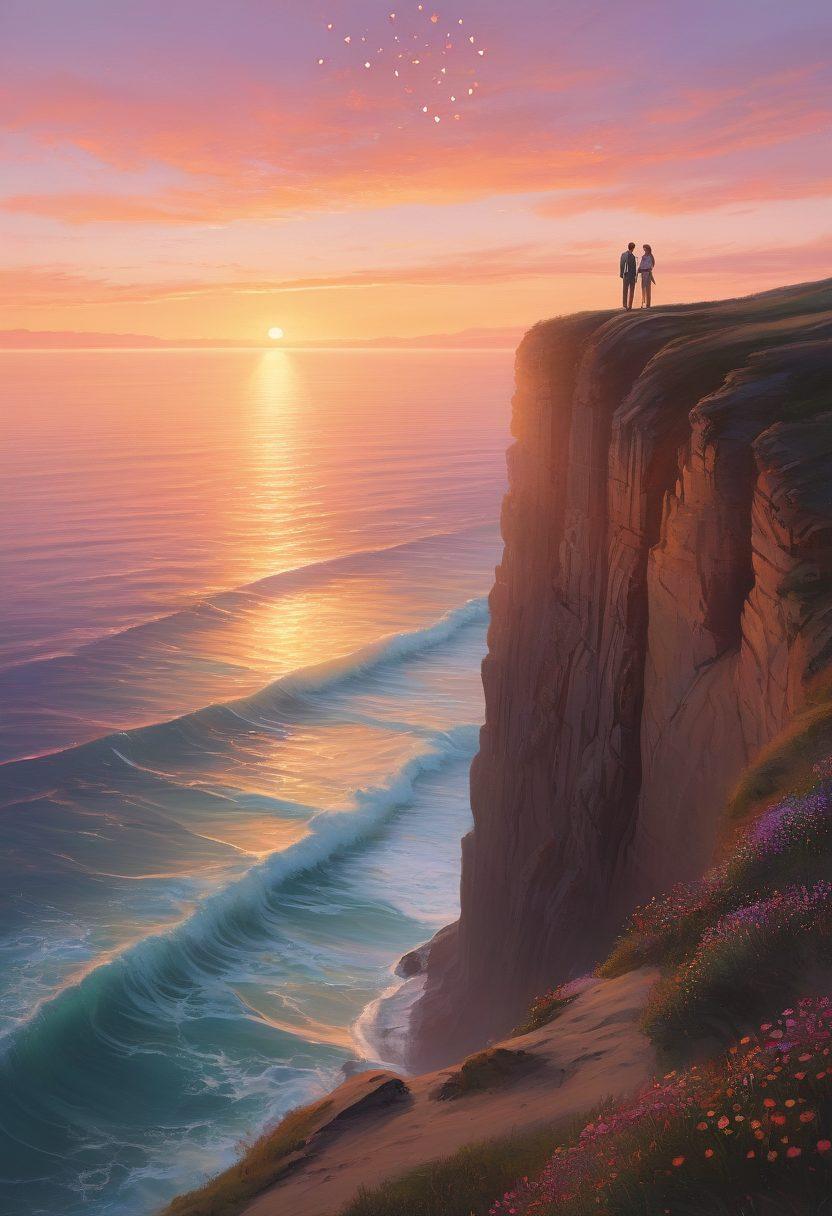 A couple standing at the edge of a scenic cliff during sunset, holding hands and looking into each other's eyes with expressions of deep connection and understanding. Surrounding them are soft, glowing heart symbols and subtle, elegant lines of text with keywords like 'Trust,' 'Communication,' and 'Compassion.' The background shows a pastel-colored horizon with gentle waves in the distance, suggesting a journey of love and discovery. super-realistic. vibrant colors. warm tones.