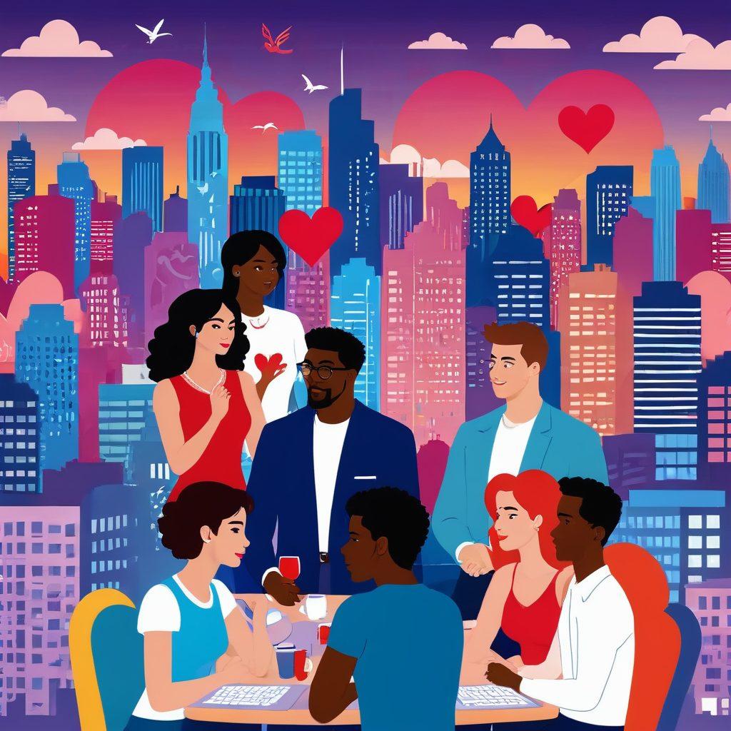 A diverse group of expert relationship coaches animatedly discussing dating tips, surrounded by symbols of love like hearts and cupids, and a backdrop of a city skyline representing modern dating. Cartoon-style illustrations of dating scenarios are floating around, with vibrant colors and a friendly, approachable vibe. vector art, vibrant colors.