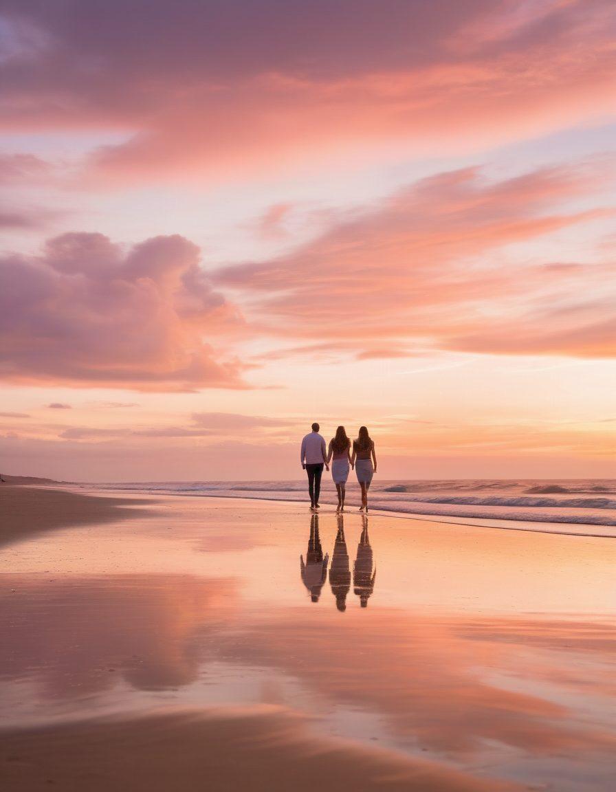 A serene, picturesque scene featuring a couple walking hand-in-hand along a tranquil, sunset-lit beach, surrounded by soft, pastel-colored clouds. Their silhouettes mirror perfectly on the wet sand, symbolizing harmony and connection. A distant lighthouse subtly beams light, representing guidance and insight. soft focus. pastel colors. warm ambiance.